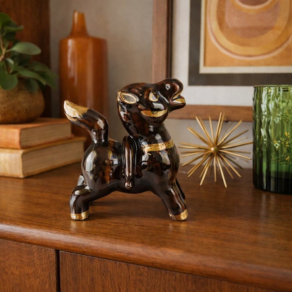 Redware VTG Brown Ceramic Donkey Figurine Gold Accents Shelf Styling MCM